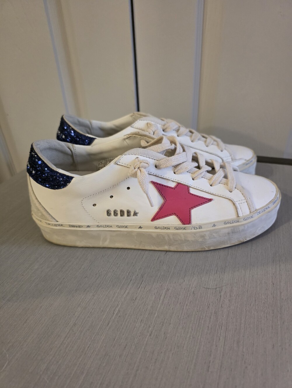 Golden Goose White Sneakers with Pink Star and Blue Glitter Heel